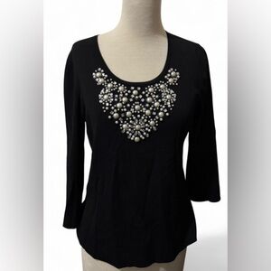 Cable & Gauge Black Pearl Embellished Blouse Women’s L | Long Sleeve Elegant Top